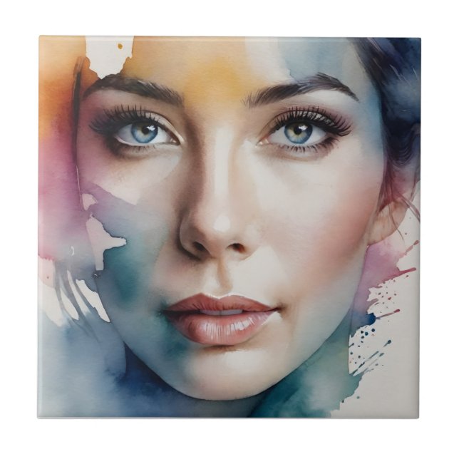 Double exposure woman art ceramic tile (Front)