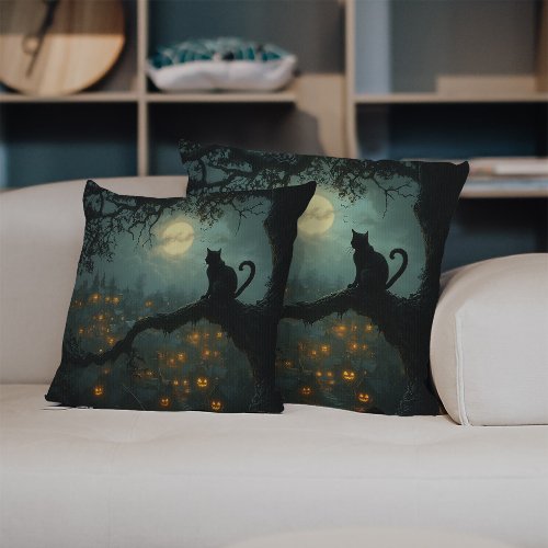 Double_Face night scene black cat jack_o_lanterns Throw Pillow