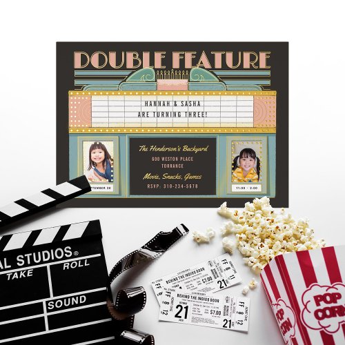 Double Feature Movie Twins Birthday Party Foil Invitation