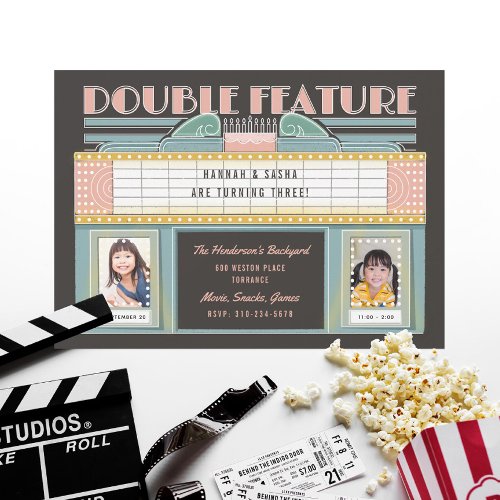 Double Feature Movie Twins Birthday Party Invitation