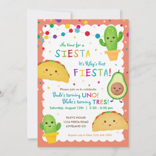 Double fiesta birthday party invitation with taco