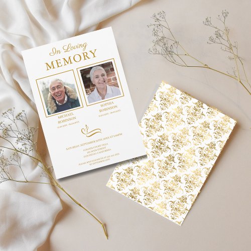 Double Funeral Memorial Photo Gold Script Invitation