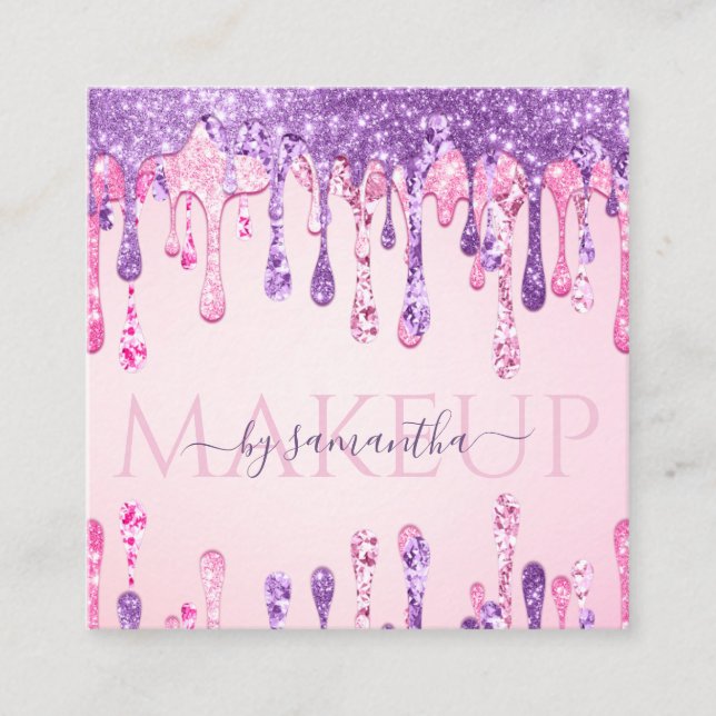 Double Glitter Pink & Purple Sparkle Drip Makeup Square Business Card (Front)