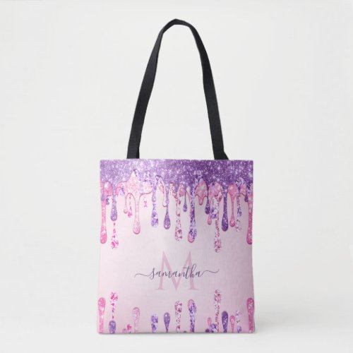 Double Glitter Pink  Purple Sparkle Drip Monogram Tote Bag