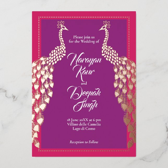 Double Gold Peacocks Foil Invitation (Front)