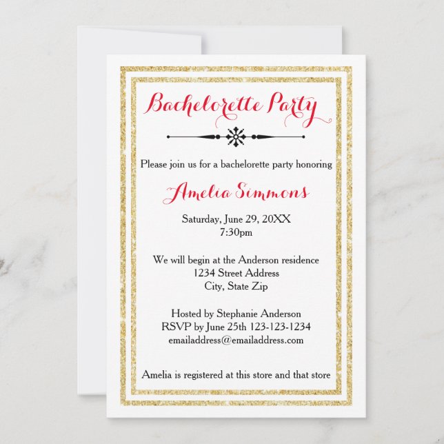 Double Gold Trim -5x7 Bachelorette Invitation (Front)