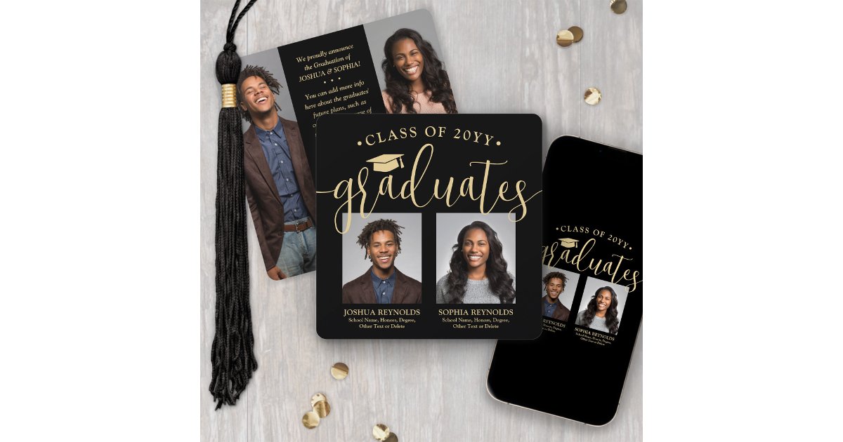 Double Graduation 2 Grads & 4 Photos Black & Gold Announcement | Zazzle