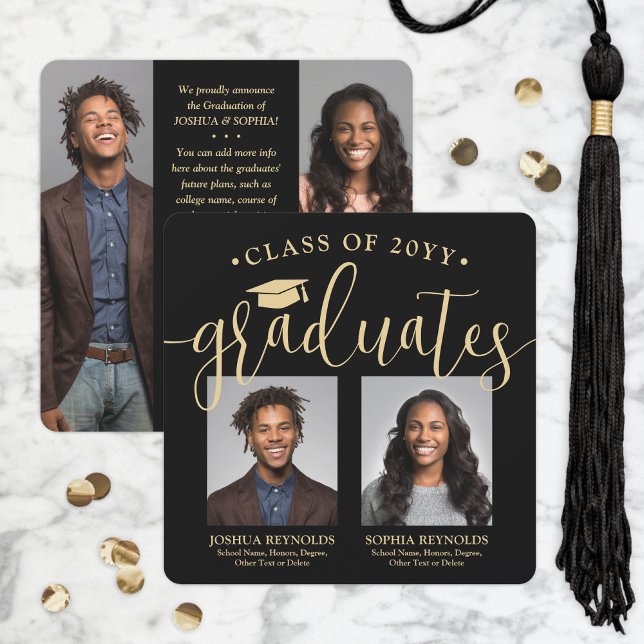 Double Graduation 2 Grads & 4 Photos Black & Gold Announcement (Creator Uploaded)