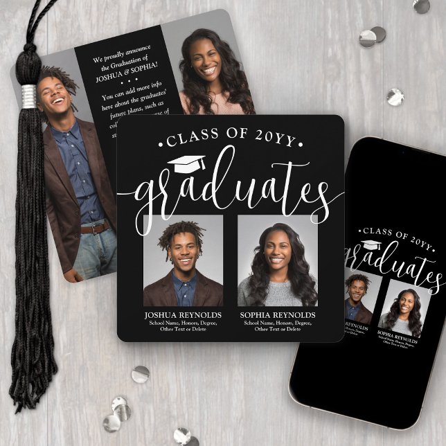Double Graduation 2 Grads & 4 Photos Black & White Announcement (Creator Uploaded)