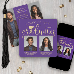 Double Graduation 2 Grads & 4 Photos Purple & Gold Announcement