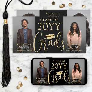 Double Graduation 2 Grads Black & Gold Joint Photo Announcement