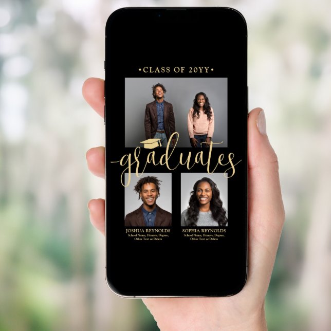 Double Graduation 2 Grads Black & Gold Joint Photo Invitation (Front Digital)