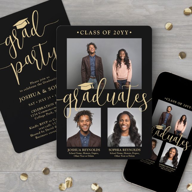 Double Graduation 2 Grads Black & Gold Joint Photo Invitation (Creator Uploaded)