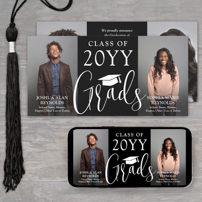 Double Graduation 2 Grads Black White Joint Photo Announcement (Creator Uploaded)