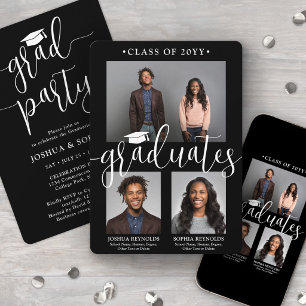 Double Graduation 2 Grads Black White Joint Photo Invitation