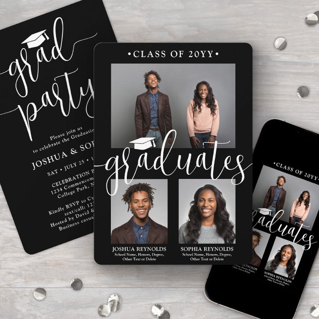 Double Graduation 2 Grads Black White Joint Photo Invitation (Creator Uploaded)