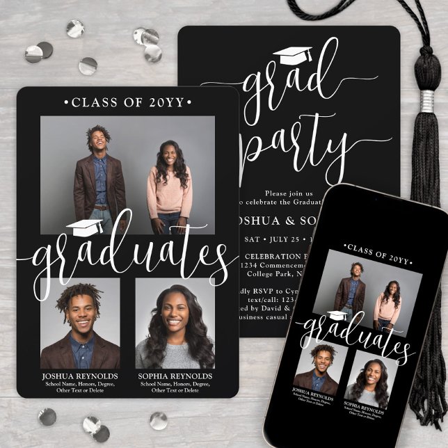 Double Graduation 2 Grads Black White Joint Photo Invitation (Creator Uploaded)
