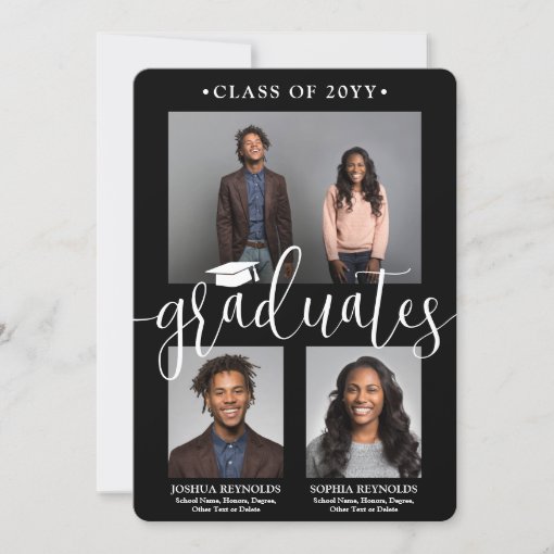 Double Graduation 2 Grads Black White Joint Photo Invitation | Zazzle