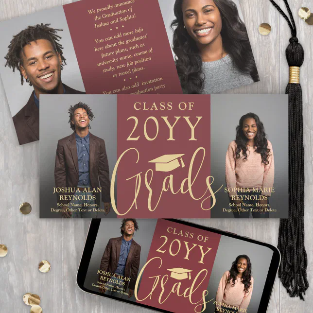 Double Graduation 2 Grads Joint Photo Burgundy Red Announcement | Zazzle