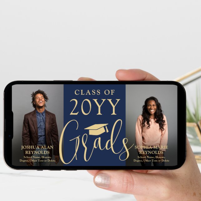 Double Graduation 2 Grads Navy & Gold Joint Photo Announcement (Front Digital)