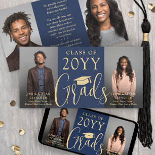 Double Graduation 2 Grads Navy & Gold Joint Photo Announcement