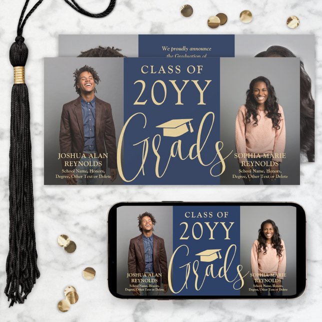 Double Graduation 2 Grads Navy & Gold Joint Photo Announcement (Creator Uploaded)