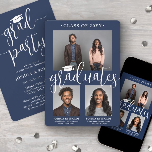 Double Graduation 2 Grads Navy & White Joint Photo Invitation (Creator Uploaded)