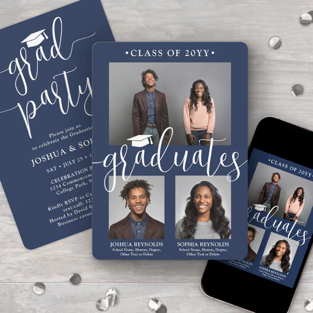 Double Graduation 2 Grads Navy & White Joint Photo Invitation | Zazzle
