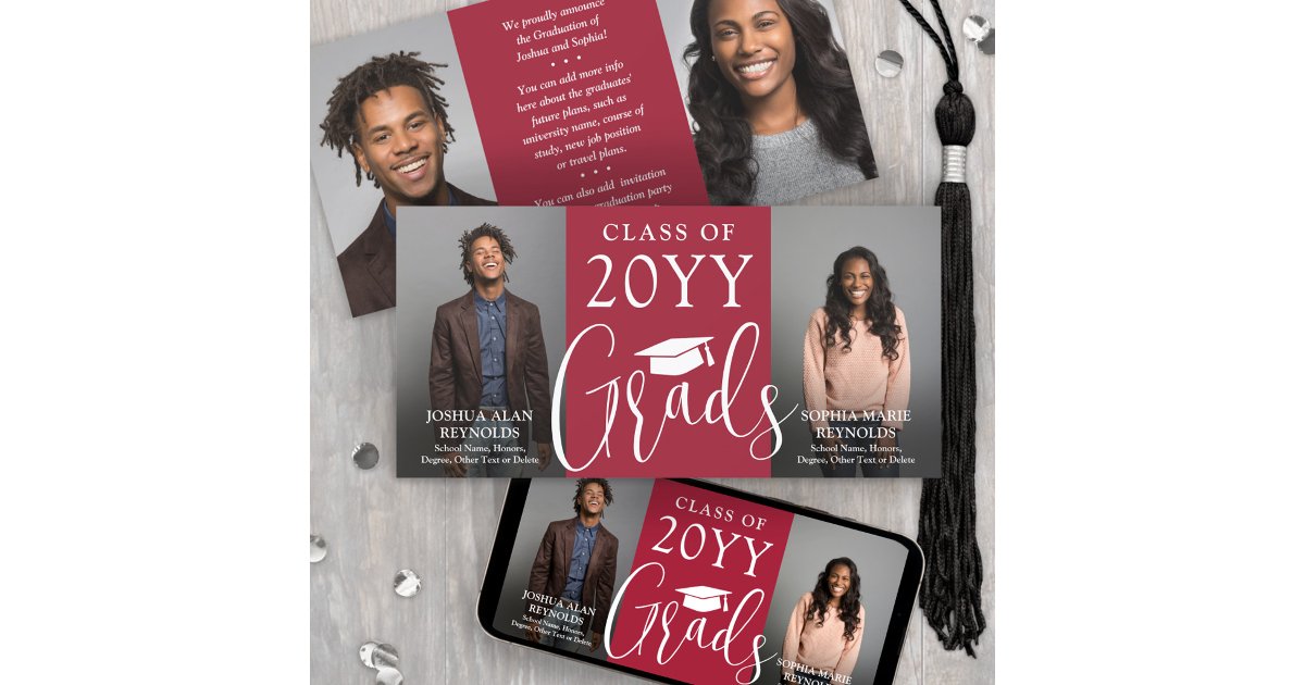 Double Graduation 2 Grads Red & White Joint Photo Announcement | Zazzle