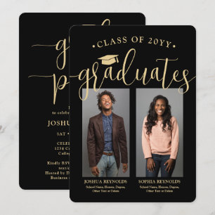 Double Graduation 2 Photos Black and Gold Joint Invitation