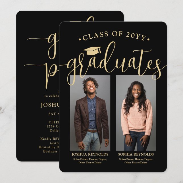 Double Graduation 2 Photos Black and Gold Joint Invitation (Front/Back)