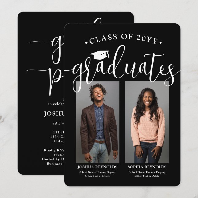 Double Graduation 2 Photos Black and White Joint Invitation (Front/Back)