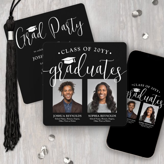 Double Graduation 2 Photos Black White Joint Party Invitation (Creator Uploaded)