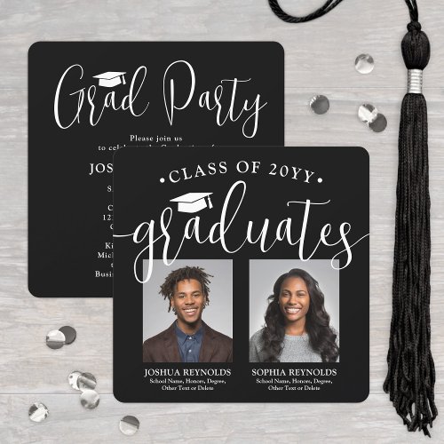 Double Graduation 2 Photos Black White Joint Party Invitation