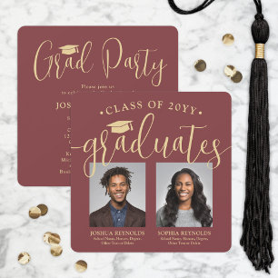 Double Graduation 2 Photos Burgundy and Gold Joint Invitation
