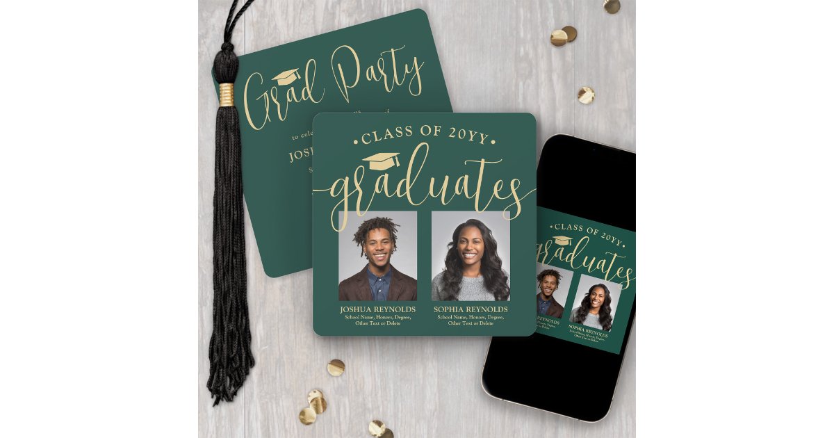 Double Graduation 2 Photos Green Gold Joint Party Invitation | Zazzle