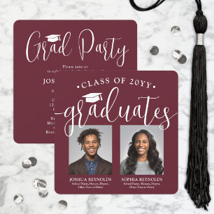 Double Graduation 2 Photos Maroon Red Joint Party Invitation
