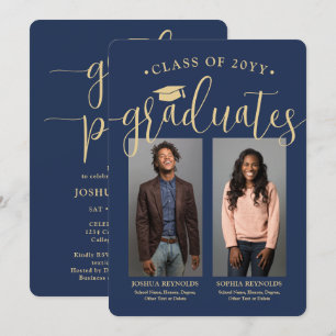 Double Graduation 2 Photos Navy & Gold Joint Party Invitation