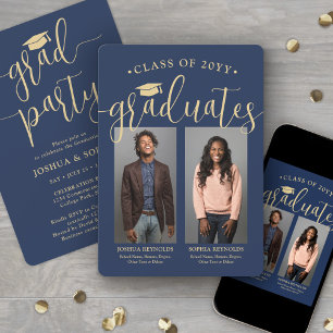 Double Graduation 2 Photos Navy & Gold Joint Party Invitation