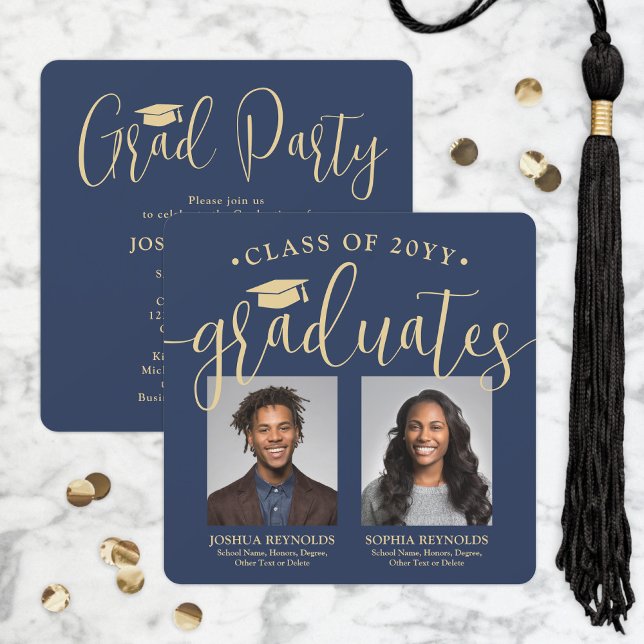 Double Graduation 2 Photos Navy & Gold Joint Party Invitation (Creator Uploaded)