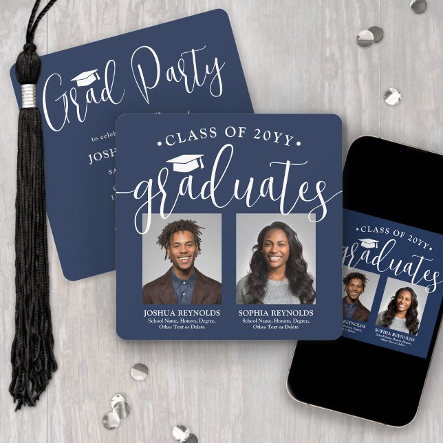 Double Graduation 2 Photos Navy White Joint Party Invitation (Creator Uploaded)