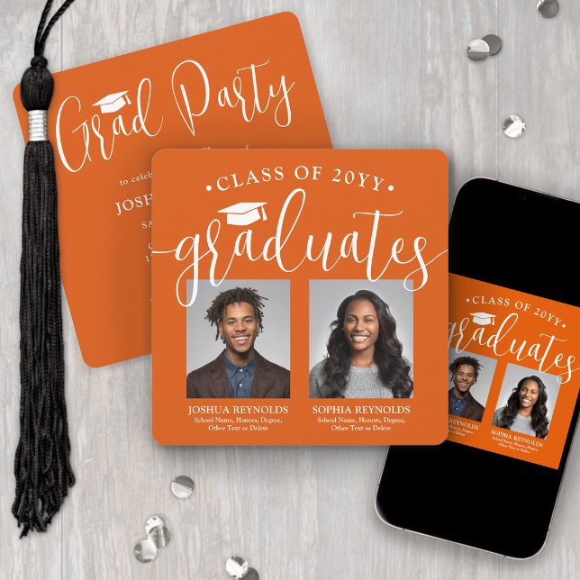 Double Graduation 2 Photos Orange Joint Party Invitation (Creator Uploaded)