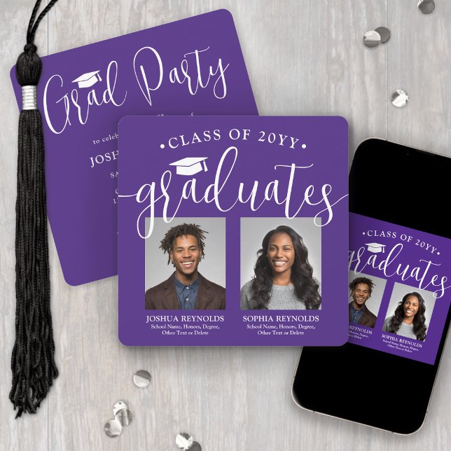 Double Graduation 2 Photos Purple Joint Party Invitation (Creator Uploaded)