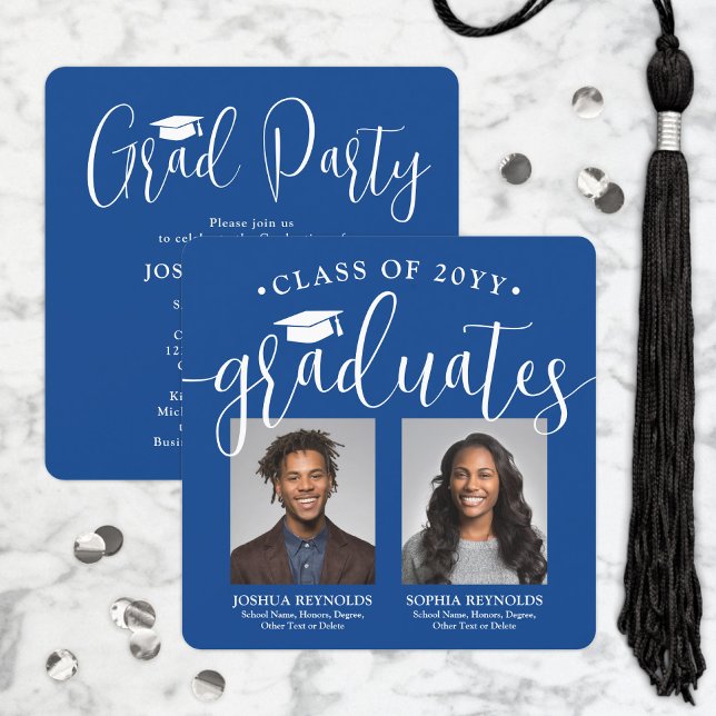 Double Graduation 2 Photos Royal Blue Joint Party Invitation (Creator Uploaded)