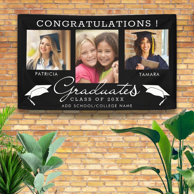 Double Graduation 3 Photo Collage Black And White  Banner (Creator Uploaded)