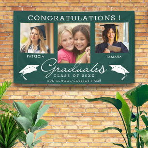 Double Graduation 3 Photo Collage Green And White  Banner