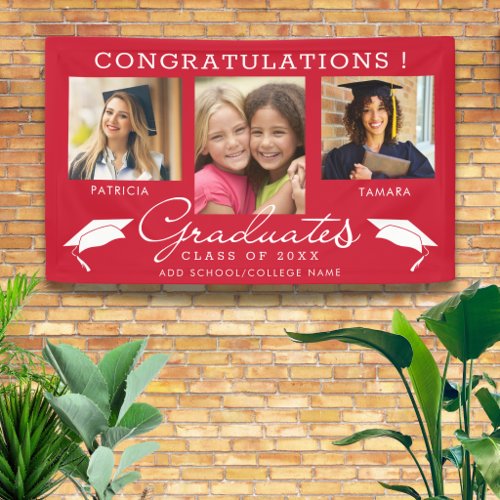 Double Graduation 3 Photo Collage Red And White Banner