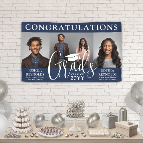 Double Graduation 3 Photo Navy  White Joint Party Banner