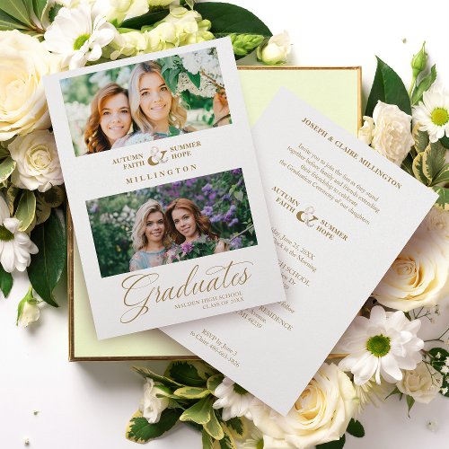 Double Graduation Chic Gold 2 Photos Modern Script Invitation