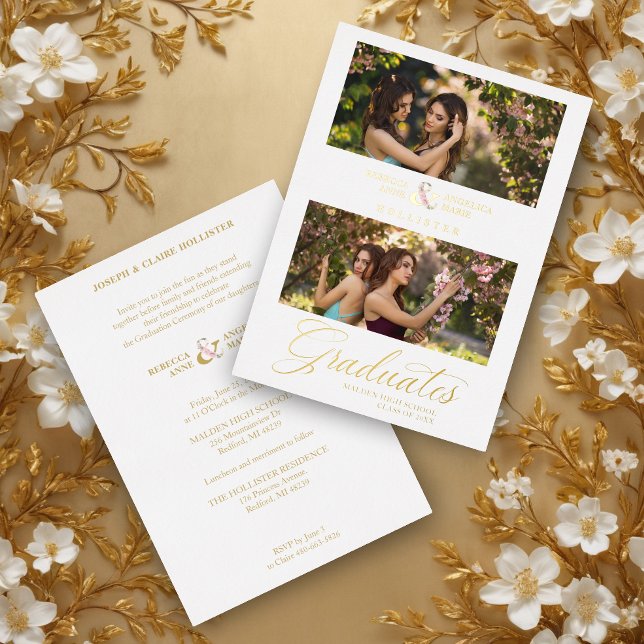 Double Graduation Chic Golden 2 Photos Modern Foil Invitation (Double Graduation Chic Golden 2 Photos Modern Script Real Metallic Foil Invitation Card.)